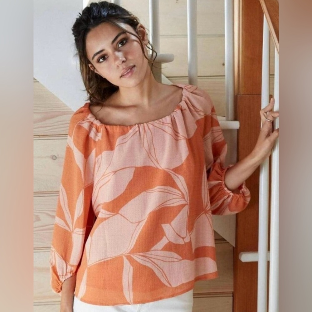 NWT A New Day Orange & Blush Leaf Print Crinkle Scoop Neck Blouse, XL